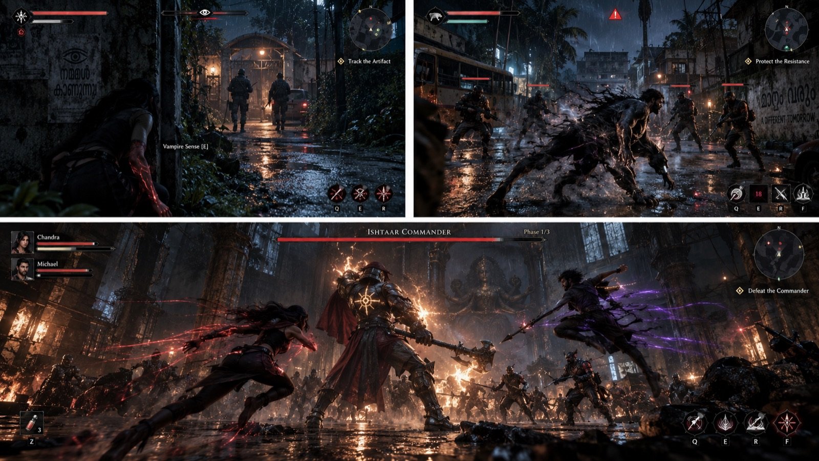 Three-panel mission reel: artifact tracking, a berserk street fight, and the boss battle against the Ishtaar Commander