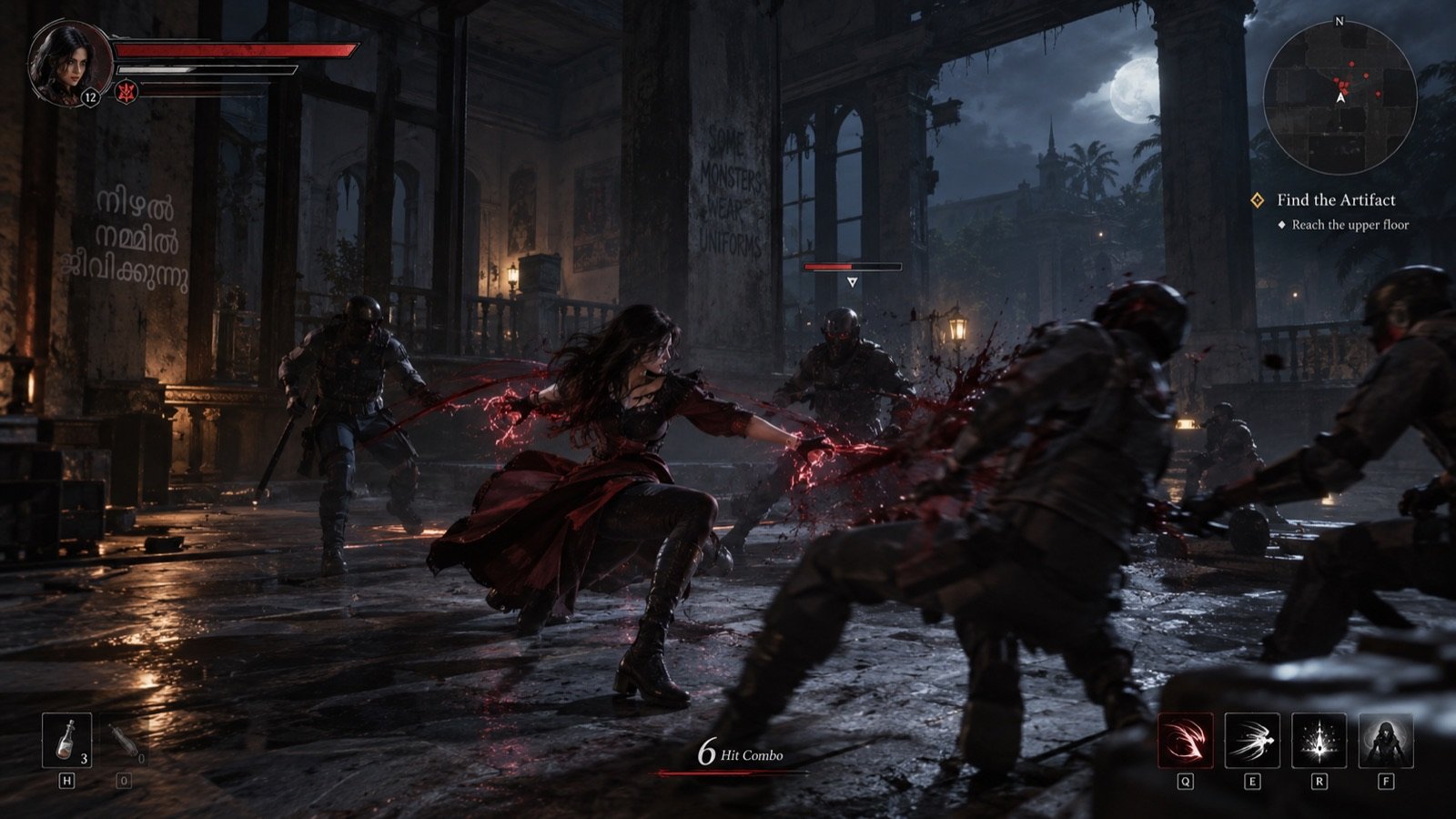 Chandra fighting soldiers inside a moonlit ruined mansion