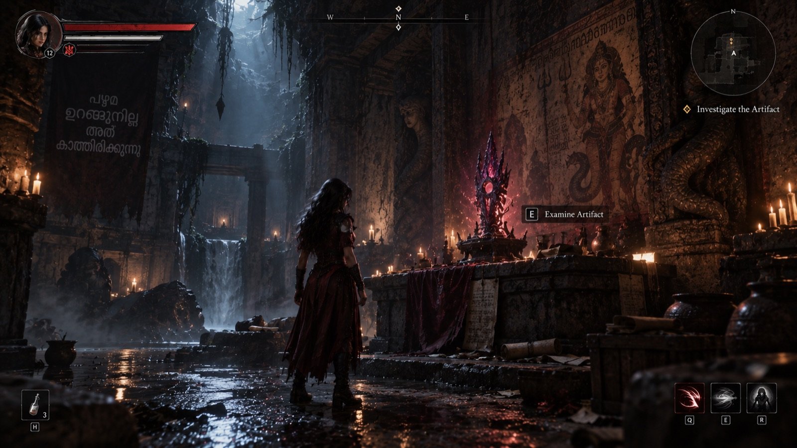 Chandra examining a glowing artifact inside an ancient temple