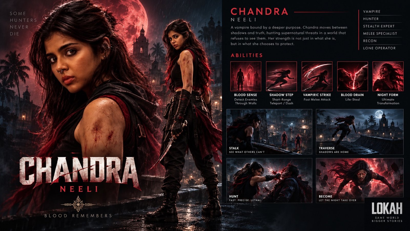 Chandra, Neeli — vampire hunter character sheet with Blood Sense, Shadow Step, Vampiric Strike, Blood Drain, and Night Form abilities