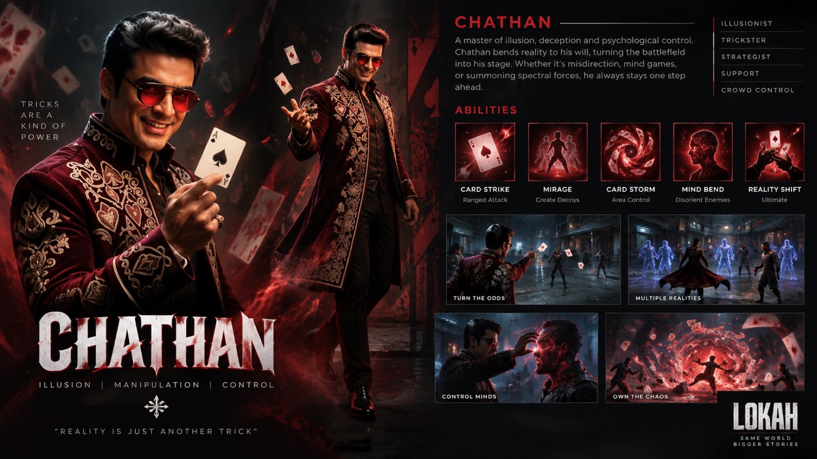 Chathan — Michael's trickster character sheet with Card Strike, Mirage, Card Storm, Mind Bend, and Reality Shift abilities
