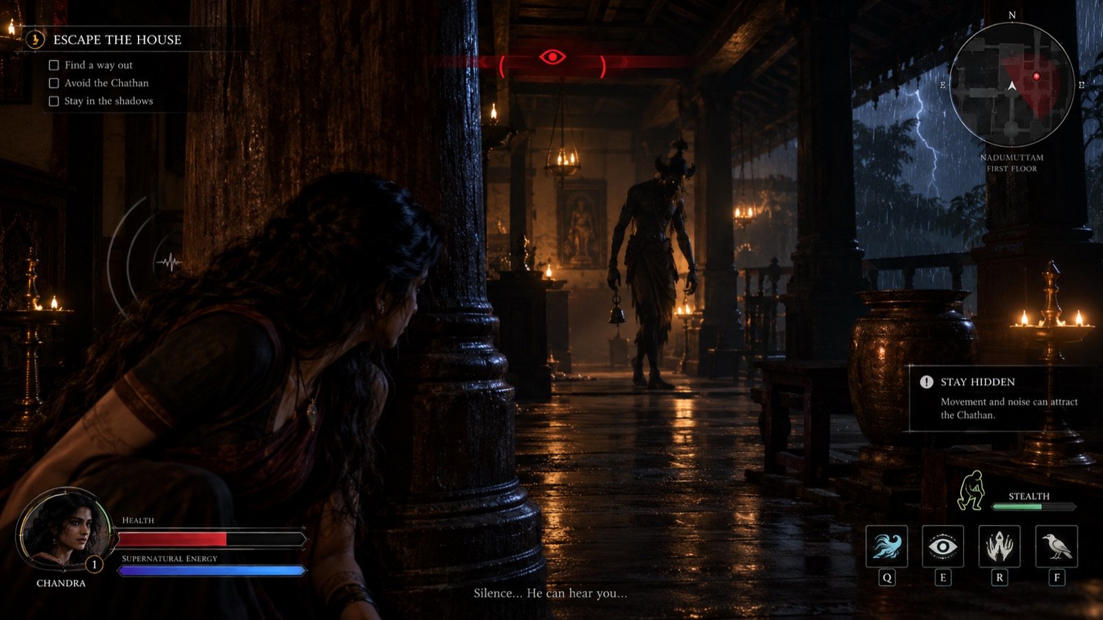 Chandra hiding from a Chathan inside a dark ancestral mansion, stealth HUD reading Stay Hidden