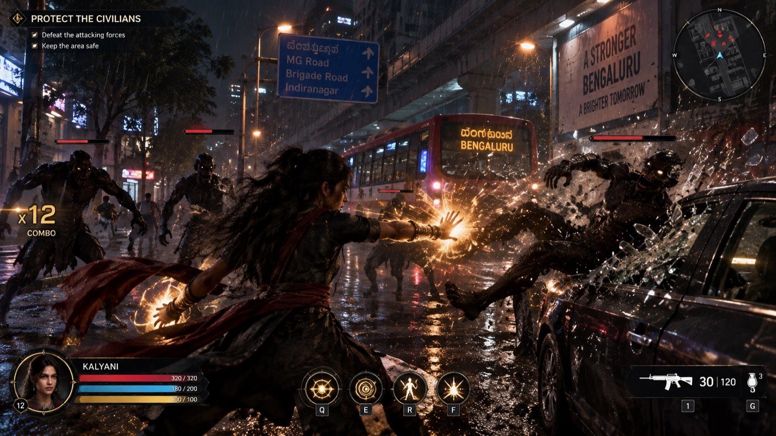 Faction combat on a rain-lit Bengaluru street, infected closing in on civilians