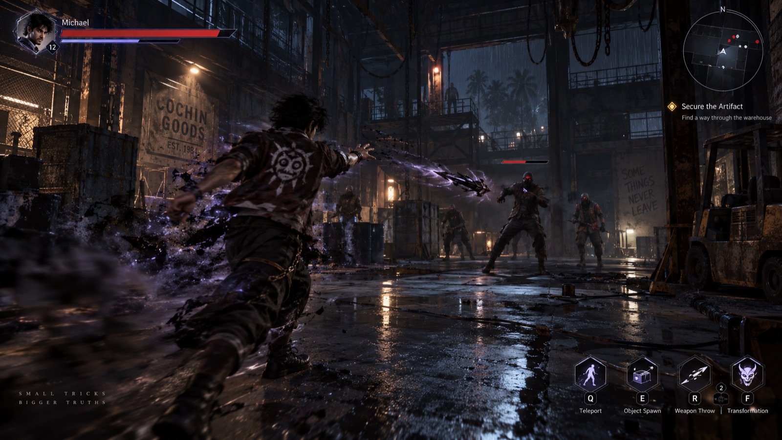 Michael, the goblin, hurling a weapon at pursuers in a Cochin warehouse