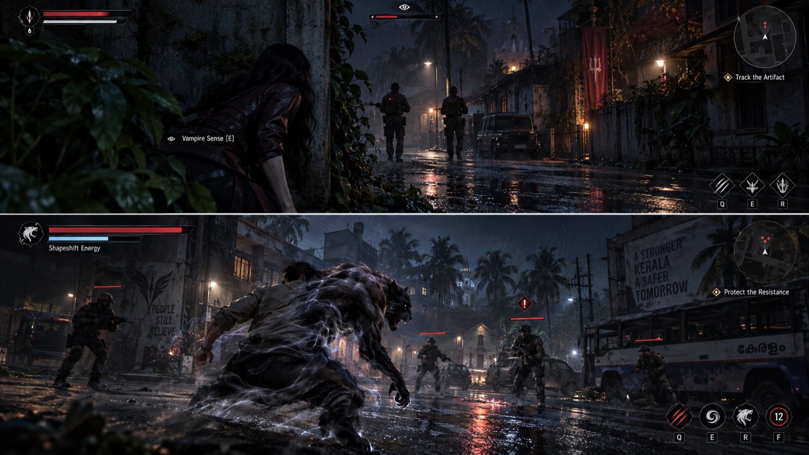 Two-panel mission reel: vampire stealth tracking soldiers, then a shapeshifter panther form breaking cover