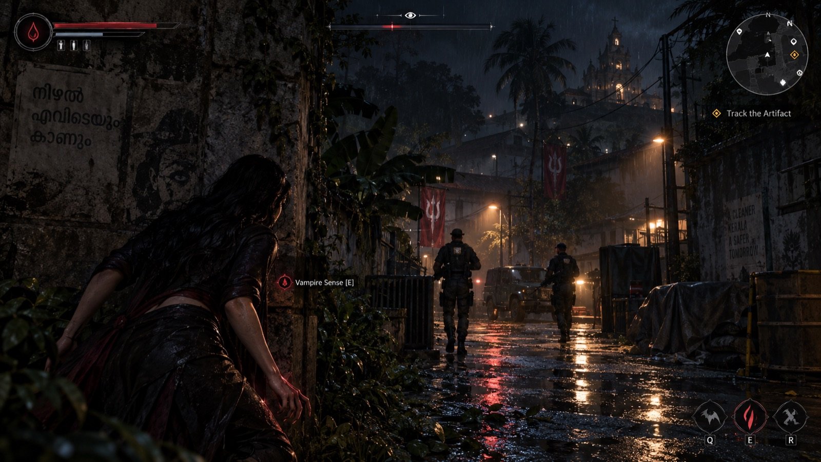 Vampire stealth tracking soldiers through a rain-lit lane